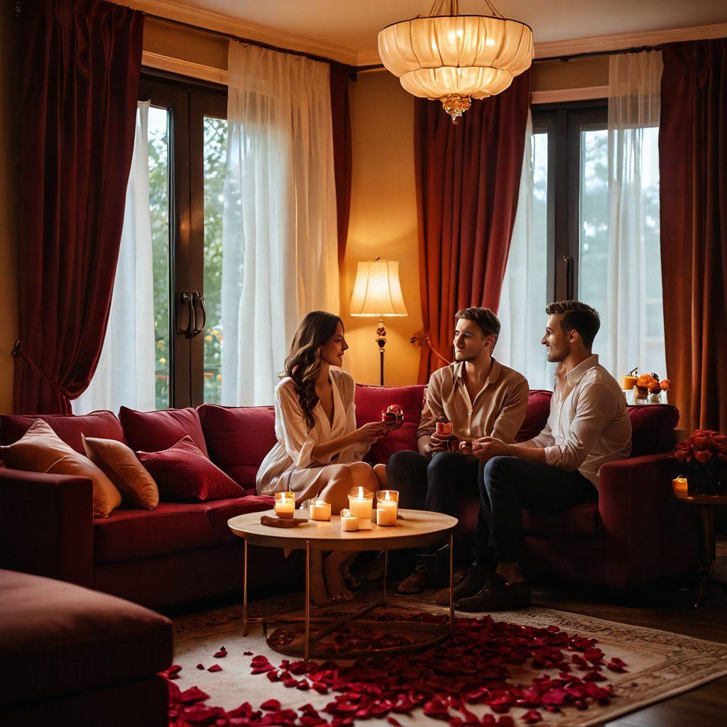 A romantic scene depicting two adults sharing an intimate moment in a beautifully decorated living room, adorned with soft candlelight and plush furniture. They are watching a sensual video together, with soft-focus images of love and closeness in the background. The ambiance is warm and inviting, with rich colors like deep reds and warm woods creating a sense of passion. Artistic elements like flowing curtains and scattered rose petals enhance the romance. soft focus. warm colors. cozy atmosphere.