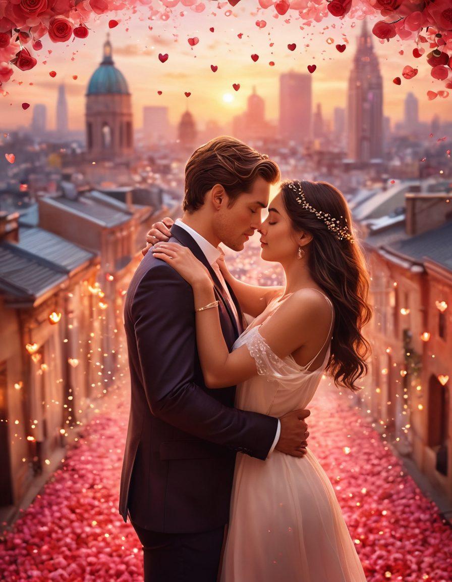 A dreamy, intertwined couple in a soft, ethereal glow, surrounded by floating hearts and delicate symbols of intimacy. Incorporate elements that represent passion, such as glowing passion fruit and gentle rose petals falling around them. The background should have an enchanting, blurred cityscape symbolizing the hustle and bustle of modern love. super-realistic. vibrant colors. soft focus.