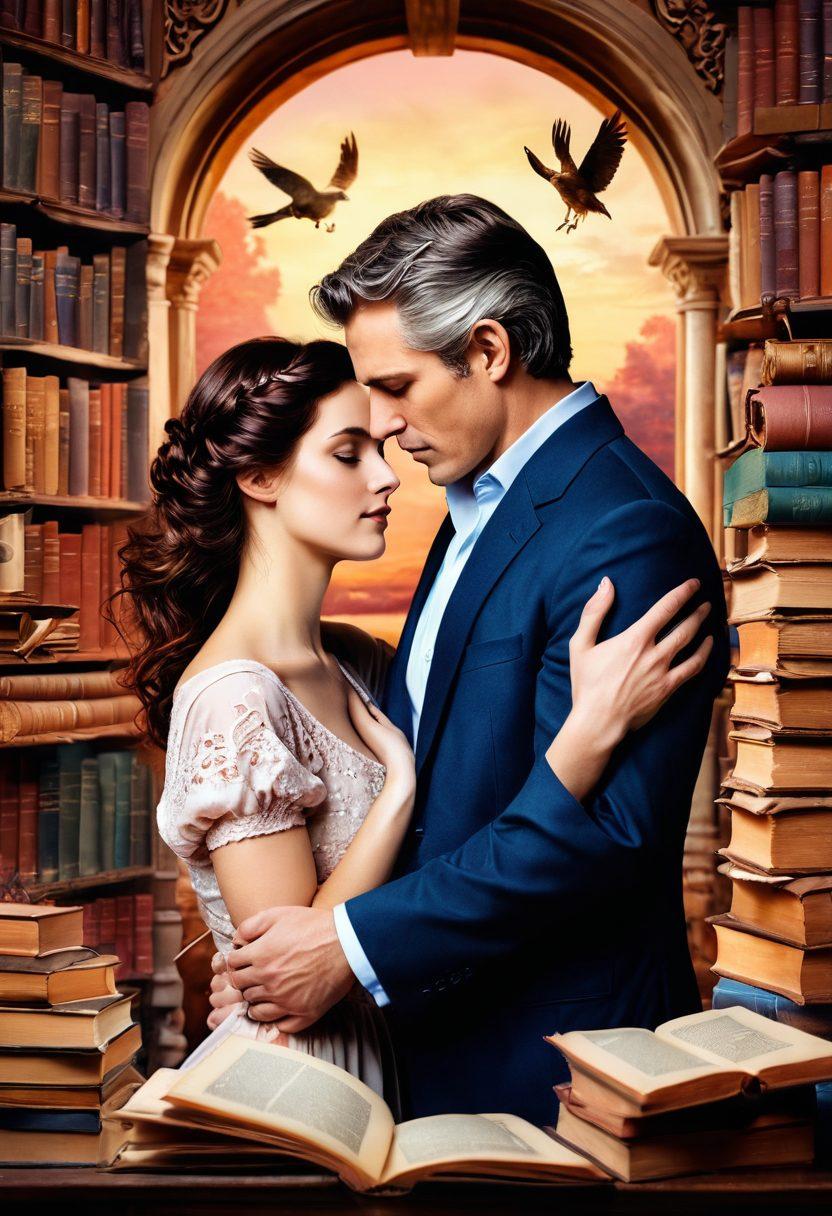 A captivating collage blending romantic imagery with mature themes, featuring a couple lost in an intimate embrace surrounded by books and scrolls representing storytelling. The background showcases a gradient of warm, seductive colors fading into soft pastels, symbolizing the evolution of romance. Add subtle hints of vintage literary elements like quills and ink, creating a sense of nostalgia. The overall mood should reflect passion and storytelling, inviting the viewer into a world of adult romance. super-realistic. vibrant colors. warm tones.